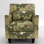 Luxury forest-themed printed upholstery fabric armchair with botanical trees and wildlife motifs in olive green for designer living room interiors