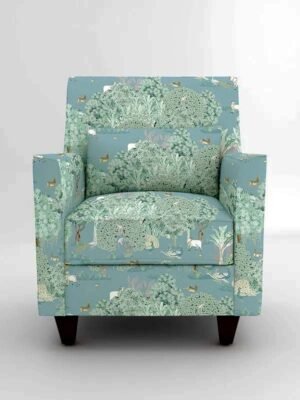Nature inspired upholstery fabric with forest landscape and animal motifs in soft blue green tones, premium sofa and cushion fabric for elegant interiors