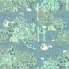 Nature inspired upholstery fabric with forest landscape and animal motifs in soft blue green tones, premium sofa and cushion fabric for elegant interiors