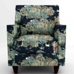 Luxury botanical forest print upholstery fabric on accent chair with deer and foliage motifs, premium sofa and cushion upholstery for elegant living room interiors