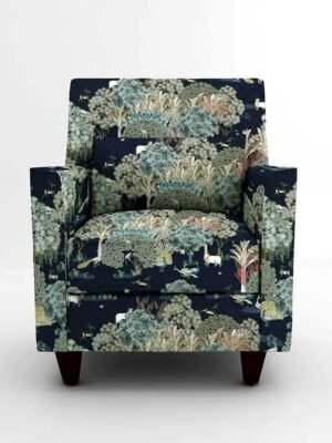 Luxury botanical forest print upholstery fabric on accent chair with deer and foliage motifs, premium sofa and cushion upholstery for elegant living room interiors