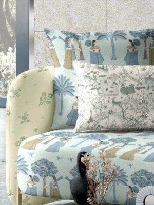 Soft beige floral upholstery fabric with delicate green botanical motifs, premium sofa and cushion fabric for elegant living room interiors