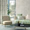 Indian heritage illustrated upholstery fabric with traditional women, trees and birds in soft green tones, premium sofa and cushion fabric for artistic interiors