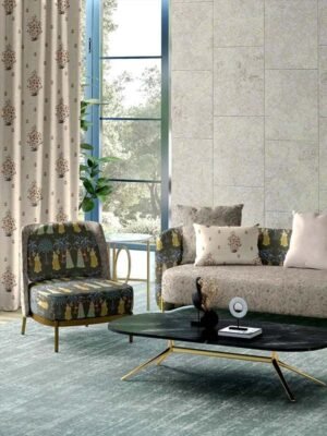 Luxury Indian miniature art inspired upholstery fabric featuring traditional women motifs and floral trees, premium sofa and cushion fabric for elegant living room interiors