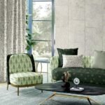 Peacock inspired ikat upholstery fabric in soft green and teal tones, luxury sofa and cushion fabric for elegant living room interiors