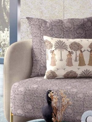Luxury traditional printed upholstery fabric sofa with ethnic motif cushion cover in soft grey and beige tones for elegant living room interiors