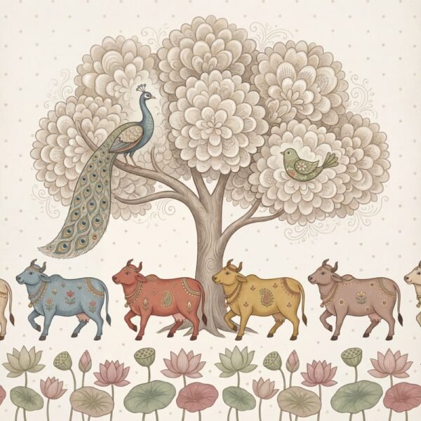 Pichwai Inspired Peacock and Cow Wallpaper Design with Lotus Motifs for Elegant Home Décor