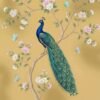 Luxury Indian peacock wall mural perched on flowering branches with butterflies, mustard gold background, elegant traditional wall art for home décor.