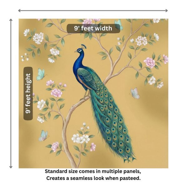 Luxury Indian peacock wall mural perched on flowering branches with butterflies, mustard gold background, elegant traditional wall art for home décor.