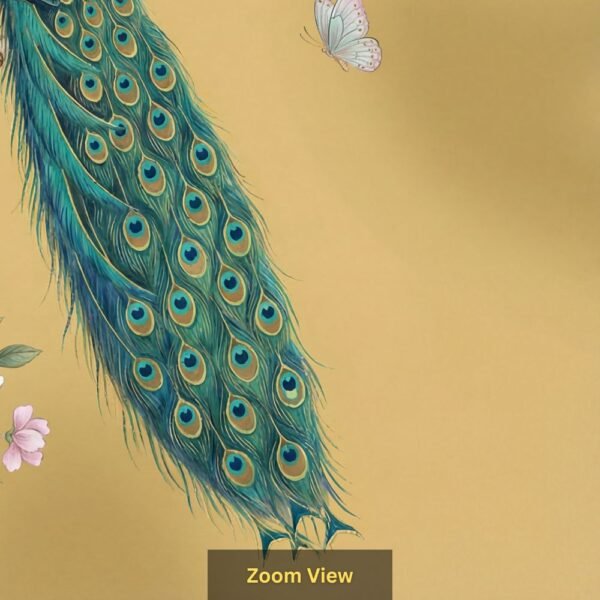 Luxury Indian peacock wall mural perched on flowering branches with butterflies, mustard gold background, elegant traditional wall art for home décor.