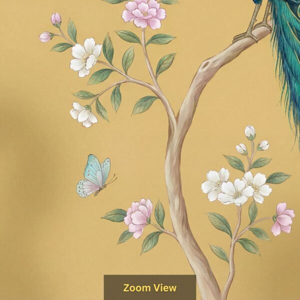 Luxury Indian peacock wall mural perched on flowering branches with butterflies, mustard gold background, elegant traditional wall art for home décor.