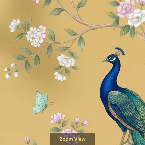 Luxury Indian peacock wall mural perched on flowering branches with butterflies, mustard gold background, elegant traditional wall art for home décor.