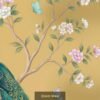 Luxury Indian peacock wall mural perched on flowering branches with butterflies, mustard gold background, elegant traditional wall art for home décor.