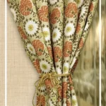 Floral printed curtain fabric with vintage botanical pattern in green, beige and rust tones, elegant drapery fabric for living room and bedroom curtains