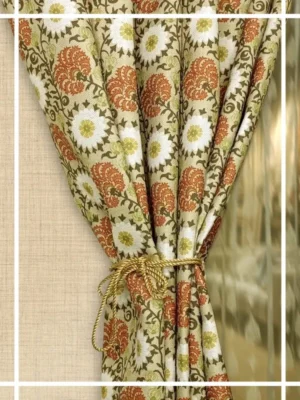 Floral printed curtain fabric with vintage botanical pattern in green, beige and rust tones, elegant drapery fabric for living room and bedroom curtains