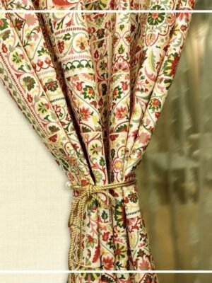 Traditional floral printed curtain fabric with red and green Persian motifs on beige cotton base, elegant decorative drapery fabric for living room and bedroom interiors
