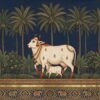 Indian heritage wallpaper mural featuring a sacred cow and calf in miniature painting style with palm trees, deep navy sky, lush greenery, and golden decorative border.