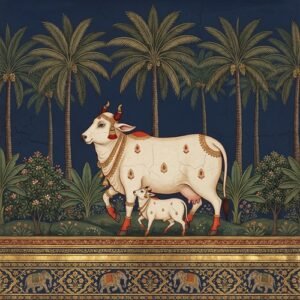 Indian heritage wallpaper mural featuring a sacred cow and calf in miniature painting style with palm trees, deep navy sky, lush greenery, and golden decorative border.