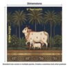 Indian heritage wallpaper mural featuring a sacred cow and calf in miniature painting style with palm trees, deep navy sky, lush greenery, and golden decorative border.
