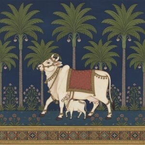 Indian heritage wallpaper mural featuring a sacred cow and calf in miniature painting style with palm trees, deep navy sky, lush greenery, and golden decorative border.