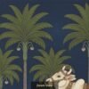 Indian heritage wallpaper mural featuring a sacred cow and calf in miniature painting style with palm trees, deep navy sky, lush greenery, and golden decorative border.
