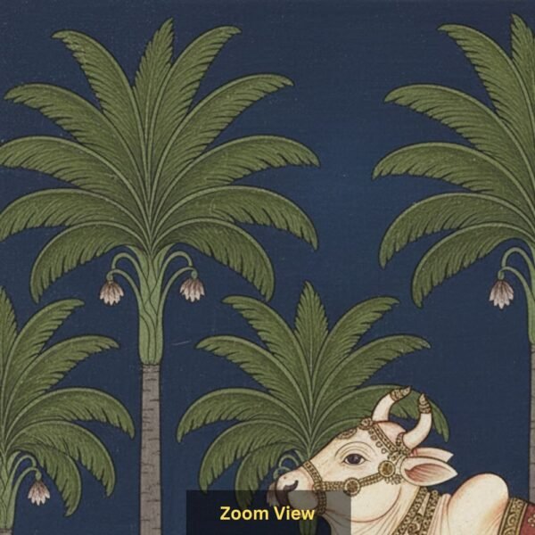 Indian heritage wallpaper mural featuring a sacred cow and calf in miniature painting style with palm trees, deep navy sky, lush greenery, and golden decorative border.