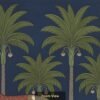 Indian heritage wallpaper mural featuring a sacred cow and calf in miniature painting style with palm trees, deep navy sky, lush greenery, and golden decorative border.