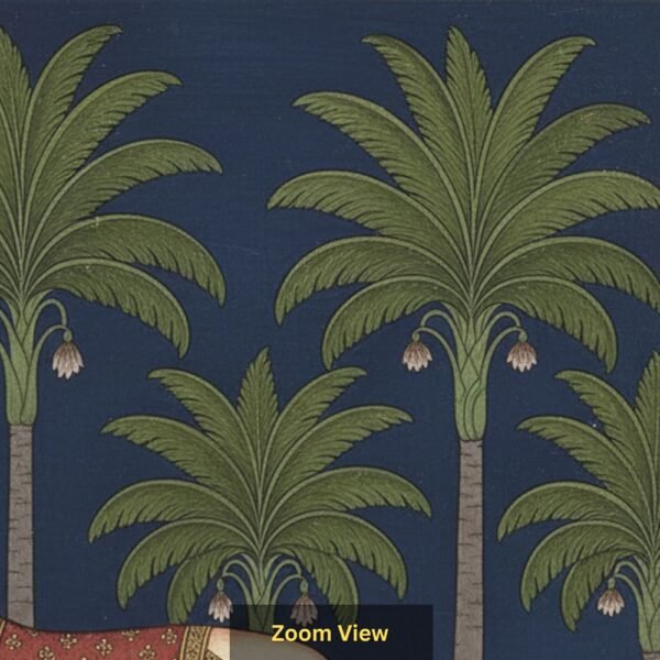 Indian heritage wallpaper mural featuring a sacred cow and calf in miniature painting style with palm trees, deep navy sky, lush greenery, and golden decorative border.