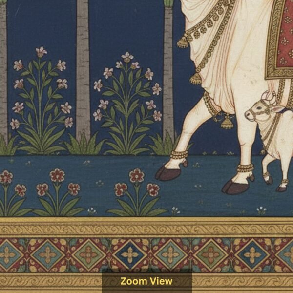 Indian heritage wallpaper mural featuring a sacred cow and calf in miniature painting style with palm trees, deep navy sky, lush greenery, and golden decorative border.