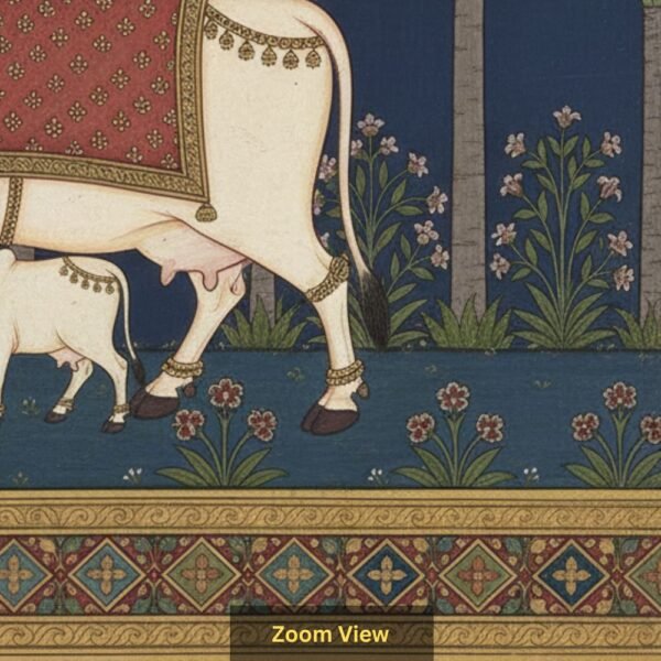 Indian heritage wallpaper mural featuring a sacred cow and calf in miniature painting style with palm trees, deep navy sky, lush greenery, and golden decorative border.
