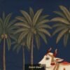 Indian heritage wallpaper mural featuring a sacred cow and calf in miniature painting style with palm trees, deep navy sky, lush greenery, and golden decorative border.