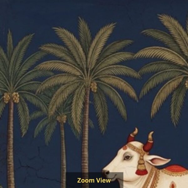Indian heritage wallpaper mural featuring a sacred cow and calf in miniature painting style with palm trees, deep navy sky, lush greenery, and golden decorative border.