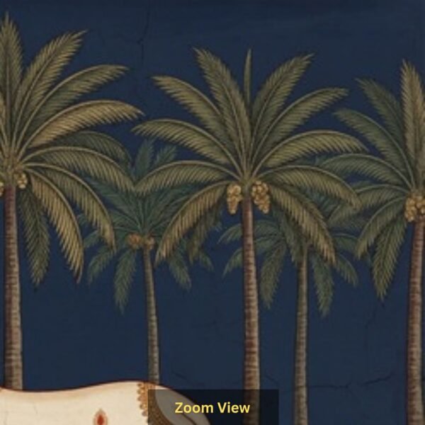 Indian heritage wallpaper mural featuring a sacred cow and calf in miniature painting style with palm trees, deep navy sky, lush greenery, and golden decorative border.