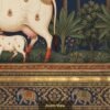 Indian heritage wallpaper mural featuring a sacred cow and calf in miniature painting style with palm trees, deep navy sky, lush greenery, and golden decorative border.