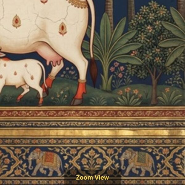 Indian heritage wallpaper mural featuring a sacred cow and calf in miniature painting style with palm trees, deep navy sky, lush greenery, and golden decorative border.
