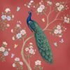 Luxury peacock wall mural sitting on tree branch with floral blossoms and butterflies on red background, elegant Indian wallpaper for home décor.
