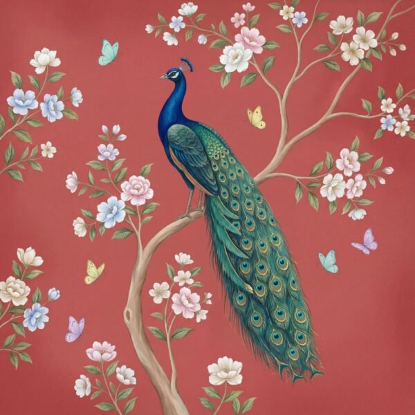 Luxury peacock wall mural sitting on tree branch with floral blossoms and butterflies on red background, elegant Indian wallpaper for home décor.