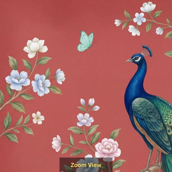 Luxury peacock wall mural sitting on tree branch with floral blossoms and butterflies on red background, elegant Indian wallpaper for home décor.