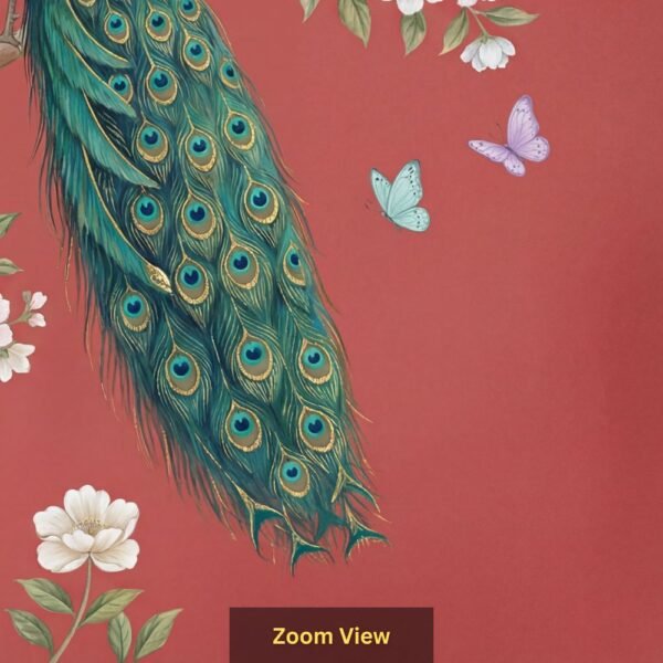 Luxury peacock wall mural sitting on tree branch with floral blossoms and butterflies on red background, elegant Indian wallpaper for home décor.