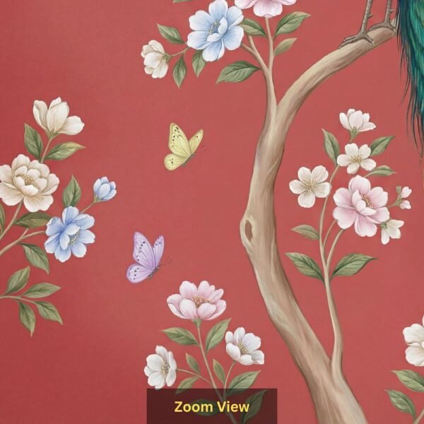Luxury peacock wall mural sitting on tree branch with floral blossoms and butterflies on red background, elegant Indian wallpaper for home décor.
