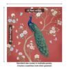 Luxury peacock wall mural sitting on tree branch with floral blossoms and butterflies on red background, elegant Indian wallpaper for home décor.