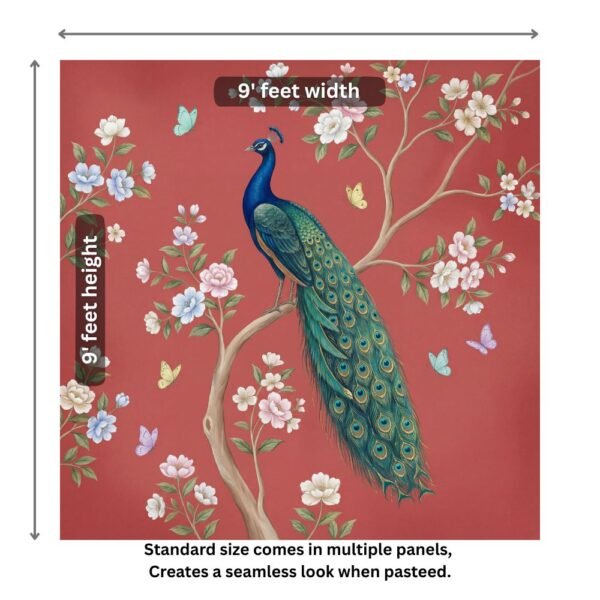 Luxury peacock wall mural sitting on tree branch with floral blossoms and butterflies on red background, elegant Indian wallpaper for home décor.