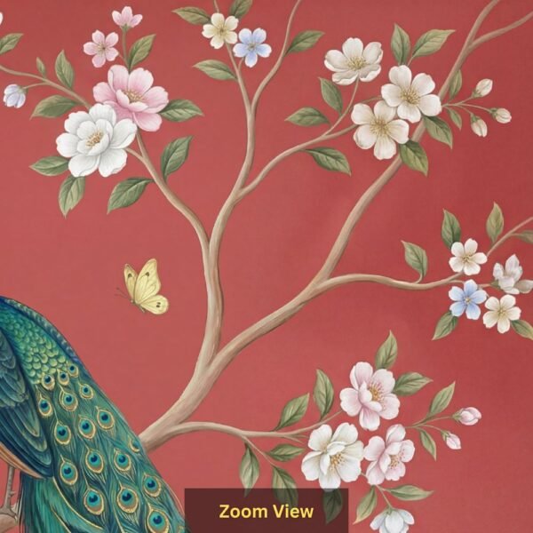 Luxury peacock wall mural sitting on tree branch with floral blossoms and butterflies on red background, elegant Indian wallpaper for home décor.