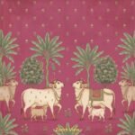 Pichwai style cow and calf wallpaper featuring sacred white cows with banana trees and floral motifs on a pink background, traditional Indian wall décor