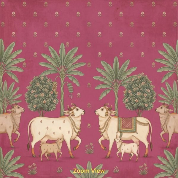 Pichwai style cow and calf wallpaper featuring sacred white cows with banana trees and floral motifs on a pink background, traditional Indian wall décor