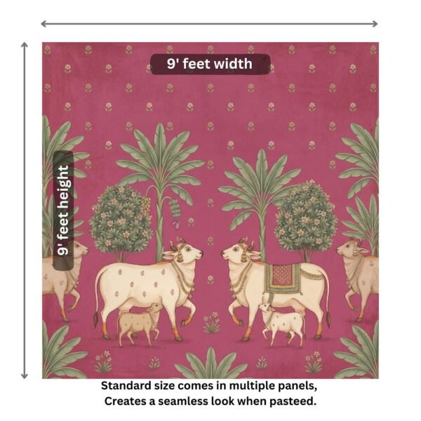 Pichwai style cow and calf wallpaper featuring sacred white cows with banana trees and floral motifs on a pink background, traditional Indian wall décor
