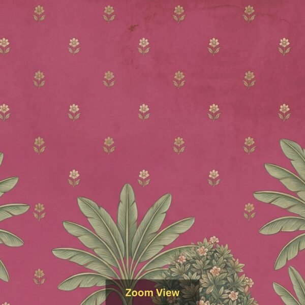 Pichwai style cow and calf wallpaper featuring sacred white cows with banana trees and floral motifs on a pink background, traditional Indian wall décor