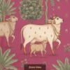 Pichwai style cow and calf wallpaper featuring sacred white cows with banana trees and floral motifs on a pink background, traditional Indian wall décor