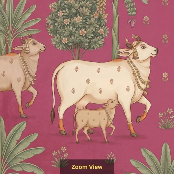Pichwai style cow and calf wallpaper featuring sacred white cows with banana trees and floral motifs on a pink background, traditional Indian wall décor