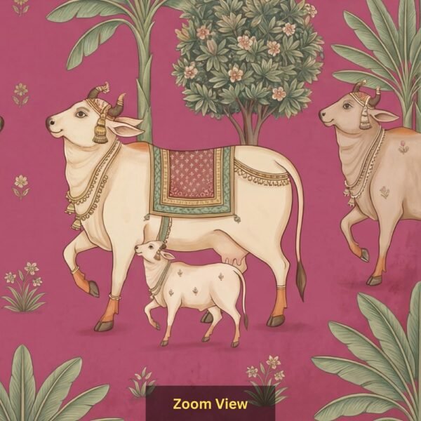 Pichwai style cow and calf wallpaper featuring sacred white cows with banana trees and floral motifs on a pink background, traditional Indian wall décor